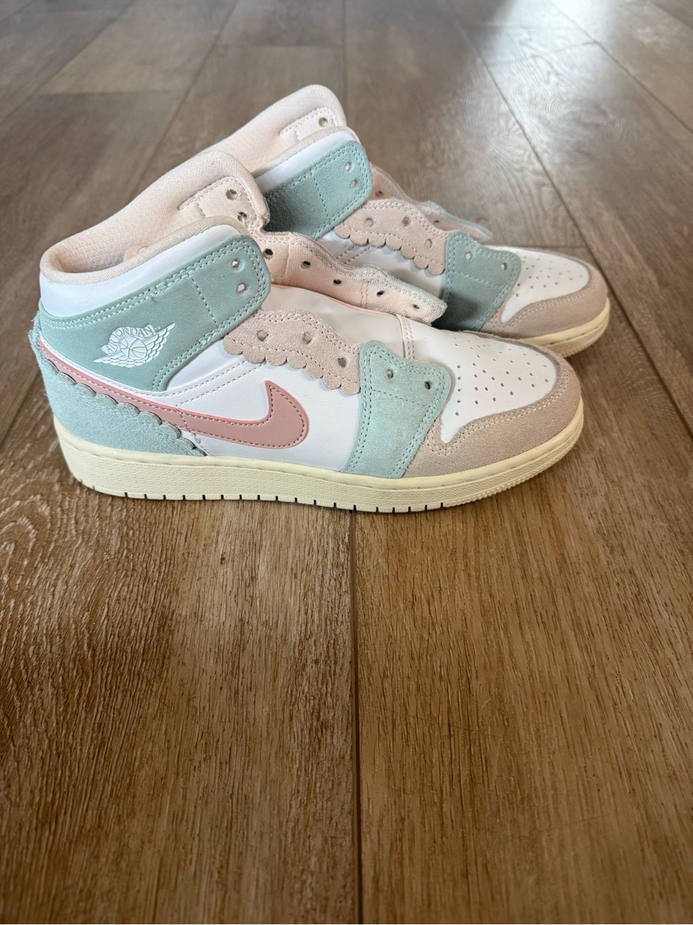 Jordan Kids High-Top Sneakers in Mint Green, Pink and Cream